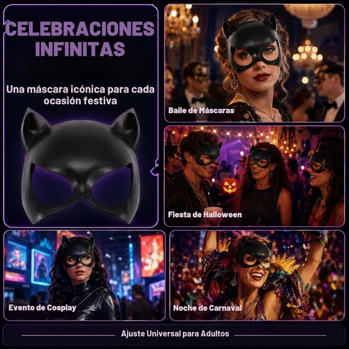 Vista 3 de Máscara de gato negro para mujer, máscara de ojos de superhéroe, máscara de gato de media cara, accesorios de disfraz de cosplay para máscaras