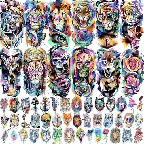 Vista 12 de VANTATY 20 hojas de tatuajes temporales extra grandes de brazo completo para hombres adultos, manga de tatuajes temporales de tigre, serpiente