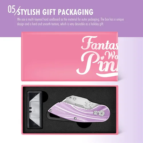 Vista 5 de FantastiCAR - Cuchillo plegable con caja para regalo, cuchillo utilitario de metal resistente con 5 cuchillas adicionales, cambio rápido