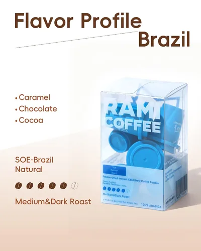 Vista 3 de Rami Coffee Café en polvo instantáneo liofilizado en frío, tostado medio oscuro, 100% arábica, 6 paquetes individuales portátiles para el hogar