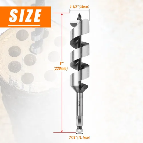Vista 2 de Broca de taladro de 1-1/2 pulgadas x 9 pulgadas para madera, vástago hexagonal de 1-1/2 pulgadas, broca larga para madera suave y dura, plástico