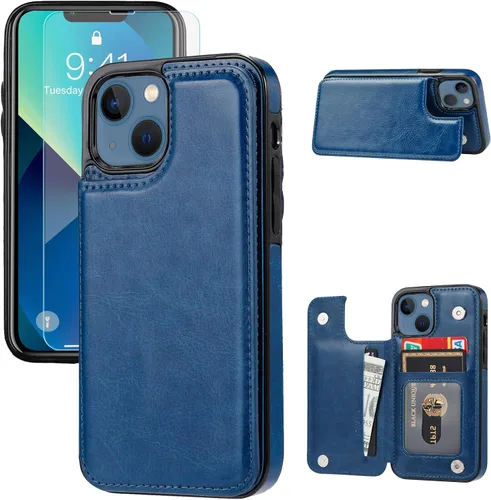 Vista 11 de Funda tipo cartera compatible con iPhone 13, funda protectora delgada con tarjetero, cuero PU con soporte y ranuras para tarjetas con un cristal