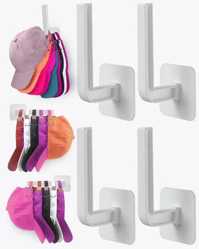 Vista 10 de Estante para sombreros para almacenamiento de sombreros (paquete de 4), organizador de sombreros multiusos, ganchos de pared de adhesivo fuerte