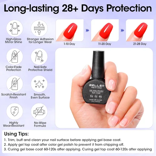 Vista 9 de GELLEN - Base y capa superior de gel, juego de 2 esmaltes de uñas de gel, capa superior que no se limpia 12ml Base Coat & No Wipe Top Coat Set.