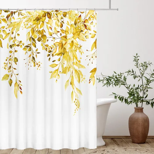 Vista 135 de Tititex - Juego de cortinas de ducha de eucalipto negro, hojas de acuarela gris en la parte superior, con decoración floral de baño, 60 x 72