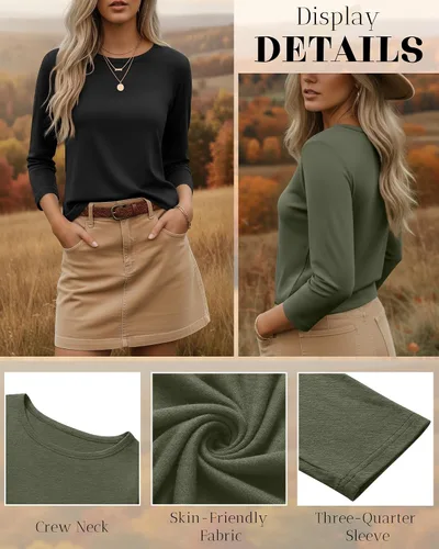 Vista 5 de Ficerd Paquete de 3 camisetas de manga 3/4 para mujer, cuello redondo, camisetas básicas elegantes, casuales, modernas, holgadas