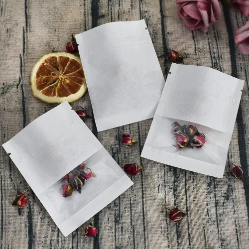 Vista 9 de BEISHIDA Paquete de 100 bolsas resellables de papel kraft de 3.5 pulgadas con ventana transparente, pequeñas bolsas herméticas sellables con calor