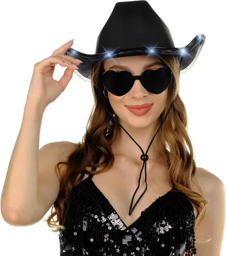 Vista 3 de Funcredible Light Up Cowboy Hat and Glasses - Holographic Led Cowboy Hat for Women - Space Cowgirl Hat - Cowgirl Outfit