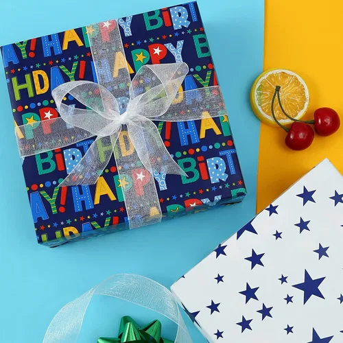 Vista 7 de AUCLAY Papel de regalo reversible de cumpleaños para niños, niñas, adultos, baby shower, vacaciones, diseño colorido de letras y estrellas de feliz