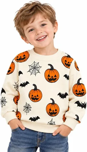 Vista 13 de HILEELANG Sudaderas de Halloween para niños pequeños, de algodón, sin botones, con estampado de calabaza, murciélago, boo, para niños y niñas
