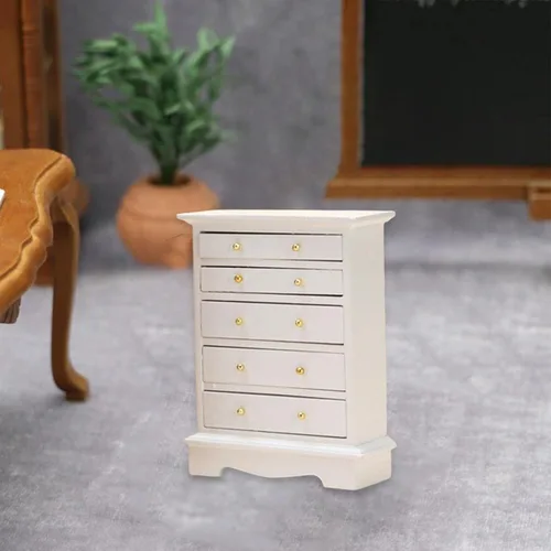 Vista 7 de Menolana Casa de muñecas a escala 1/12 con 5 cajones, armario vertical en miniatura de madera para decoración de dormitorio y accesorios de fotos