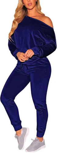 Vista 3 de VamJump Sudadera de terciopelo con hombros descubiertos para mujer, conjunto deportivo de 2 piezas