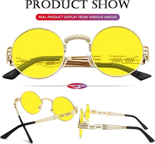 Vista 6 de AIEYEZO Gafas de sol redondas steampunk Circle Lennon Hippie, marco de metal, lente de bloqueo UV 100%