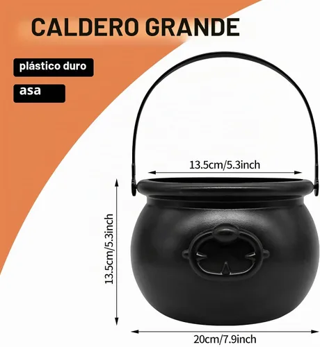 Vista 2 de SpinLaLa Caldero Tetera de Plástico Negro de 8 Pulgadas, Tazón de Dulces de Halloween, Olla Cubo Grande de Caldero de Bruja para Decoraciones