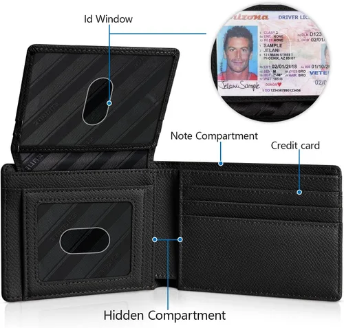 Vista 4 de RUNBOX Cartera para hombres Slim Rfid Leather 2 ID Window con caja de regalo, Palm-negro, Minimalista