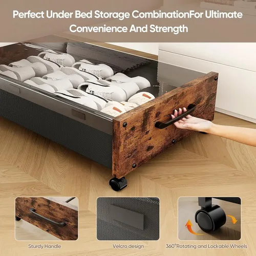 Vista 6 de Almacenamiento debajo de la cama con ruedas, 2 paquetes de contenedores de almacenamiento de madera extra grandes debajo de la cama, organizador