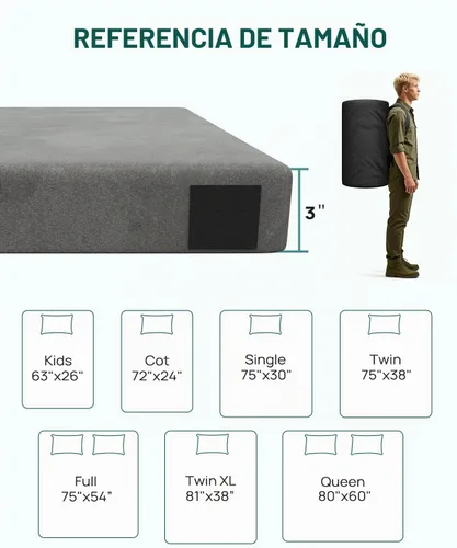 Vista 6 de Releep 3 Inch Dual-Sided Memory Foam Camping Mattress, Waterproof Camping Sleeping Pad with Portable Pillow & Carry Bag, Roll Up Cot Mattress Mat