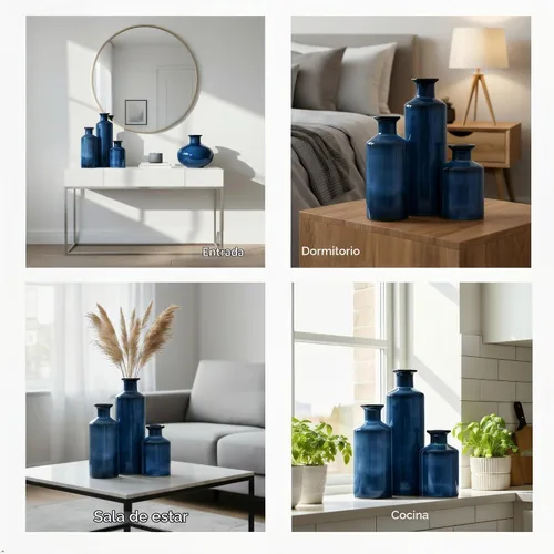 Vista 4 de Mowtanco Jarrones de cerámica azul para decoración del hogar, 3 pequeños