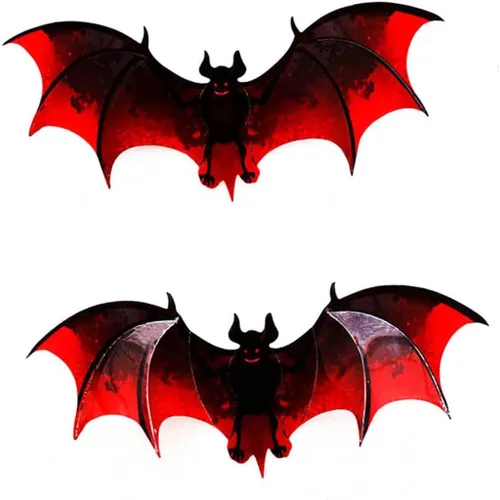 Vista 5 de 93 piezas de decoración de murciélagos de Halloween, 7 tamaños diferentes de murciélagos 3D, decoración de pared reutilizable de PVC negro y rojo