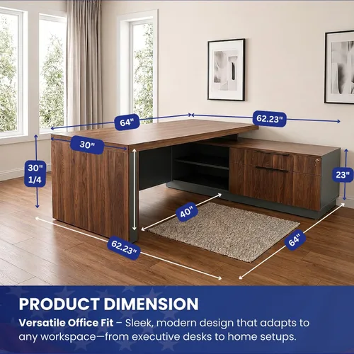 Vista 2 de OfficeSimpli - Escritorio ejecutivo en forma de L con cajones, 64 x 63 x 30 pulgadas, fabricado en Estados Unidos, envío mayormente ensamblado