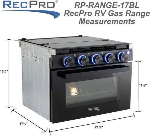 Vista 6 de Estufa RecPro RV Negra Rango de gas de 17" de alto Tres quemadores de 6500 y 8000 BTU Horno de 7100 BTU con capacidad de 1.24 pies cúbicos