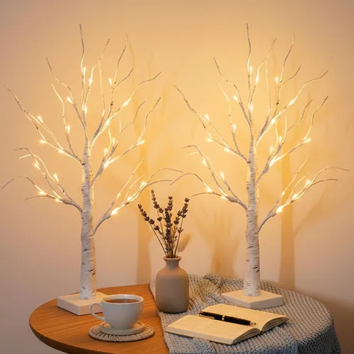 Vista 2 de EAMBRITE Árbol de abedul iluminado para decoración de Navidad para interiores para el hogar, paquete de 24 luces LED, funciona con baterías/USB