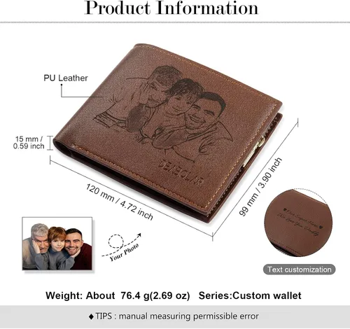 Vista 2 de Cartera personalizada para hombre, carteras con fotos personalizadas para hombres, cartera de viaje grabada para padre, marido, niños, regalo