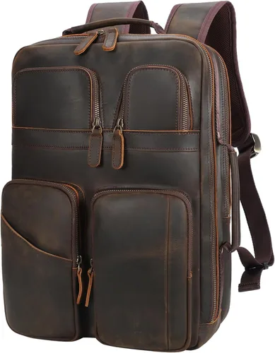Vista 7 de TIDING Mochila para portátil de cuero de grano completo de 17.3 pulgadas para hombres, multibolsillos, casual, mochila de viaje de negocios, Negro