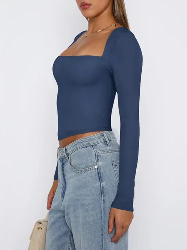 Vista 2 de REORIA Camiseta corta sexy de manga larga con cuello cuadrado para mujer Y2K