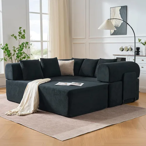Vista 2 de Sofá modular de 106 pulgadas con diván en forma de L, moderno sofá modular Cloud con asiento profundo, cómodo sofá comprimido de terciopelo sin Negro