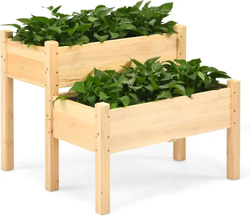 Vista 10 de RELAX4LIFE Cama de jardín elevada de 2 niveles, maceta elevada de madera de abeto con patas, 8 agujeros de drenaje, capacidad de 220 para cultivar