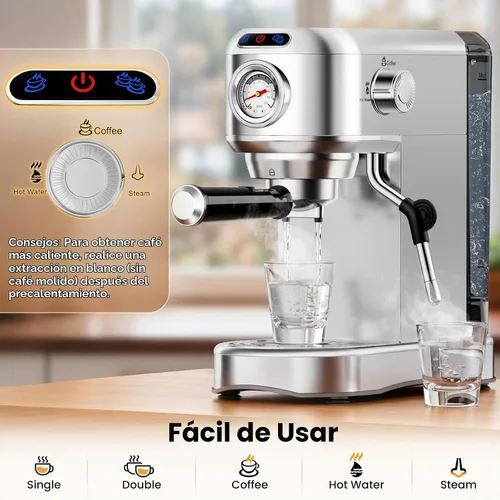 Vista 7 de Máquina de café espresso de 20 bares, cafetera compacta con espumador de leche, cafetera de acero inoxidable con tanque de agua extraíble de 34