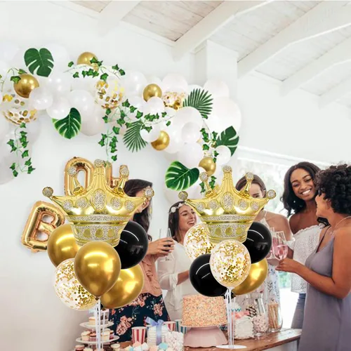 Vista 6 de TONIFUL - Juego de 4 centros de mesa con corona, color negro y dorado Globo de corona de aluminio para cumpleaños, graduación, aniversario