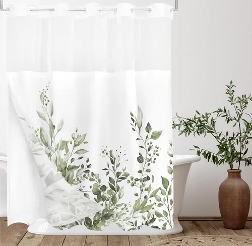 Vista 113 de Tititex - Juego de cortinas de ducha de eucalipto negro, hojas de acuarela gris en la parte superior, con decoración floral de baño, 60 x 72