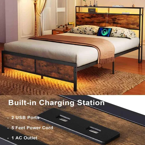 Vista 4 de Base de cama Queen con luces LED, 2 puertos USB, cabecera rústica de almacenamiento de 2 niveles, marco de cama de plataforma industrial, cámaras