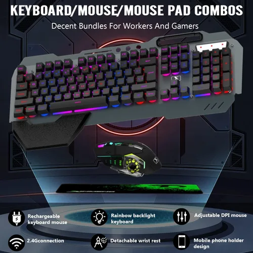 Vista 3 de Combo de teclado y mouse inalámbricos para juegos, teclado con retroiluminación LED arcoíris recargable con batería de 3,800 mAh, panel de metal