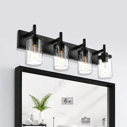 Vista 2 de Lámpara de tocador de baño sobre espejo, lámparas de pared de baño negras, iluminación moderna con pantalla de vidrio transparente, aplique de pared