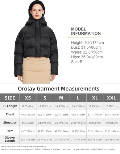 Vista 6 de Orolay Chaqueta acolchada corta ligera para mujer, abrigo corto de plumón con capucha y manga larga