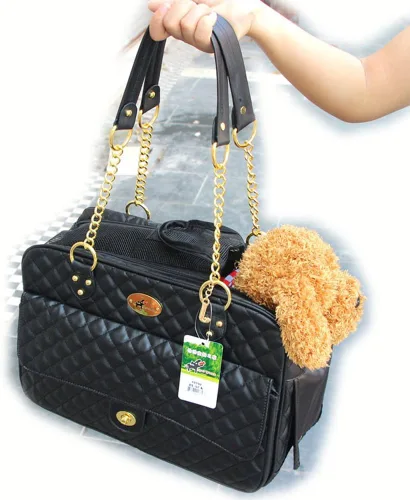 Vista 9 de B-JOY Nuevo bolso de perro para perro, bolso de mano para mascotas, con asas de doble cadena, color negro