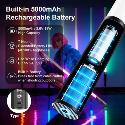 Vista 6 de Paquete de 6 luces de tubo de DJ con funda, luces RGB de 4 pies, 5000 mAh, alimentadas por batería, tubos de luz LED de neón, soporte de 500 efectos