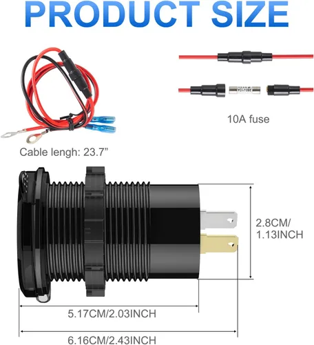 Vista 6 de Cargador de coche de aluminio de 12 V con salida USB de 12 V, puerto dual USB de carga rápida 3.0 y enchufe PD USB C con interruptor voltímetro