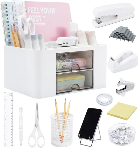 Vista 8 de Accesorios y organizadores de escritorio de oficina rosados, suministros de oficina para escritorio para mujeres, grapadora, 1000 grapas, removedor
