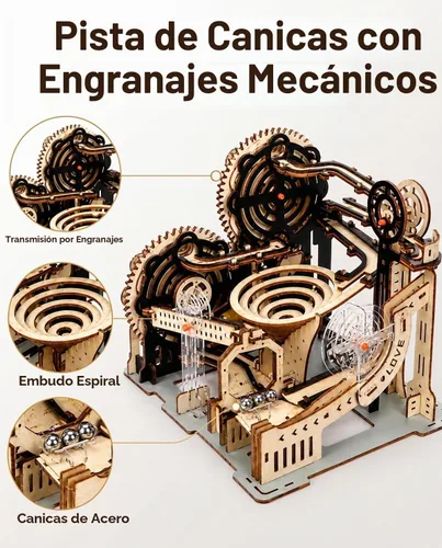 Vista 2 de Rompecabezas de madera 3D para adultos, kit eléctrico de modelo de carrera de canicas con embudo en espiral, movimiento impulsado por engranajes