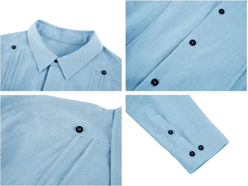 Vista 5 de Angeun Guayabera - Camisa de manga larga con botones, de algodón y lino, casual, hippie, cubano, campamento, playa