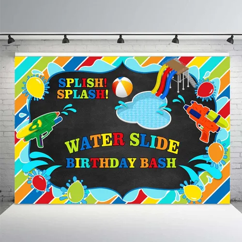 Vista 2 de MEHOFOND Tobogán acuático para niños, telón de fondo de fiesta de cumpleaños, salpicaduras, pizarrón, fiesta, verano, piscina, pistola, fondo
