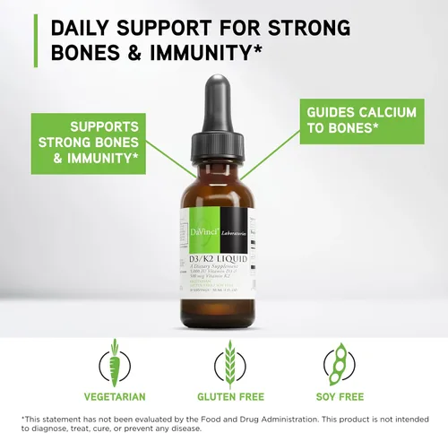 Vista 3 de DAVINCI Labs D3/K2 Liquid - Suplemento líquido de vitamina D y vitamina K para la salud ósea, apoyo cardíaco y absorción de calcio* - 1.0 fl oz