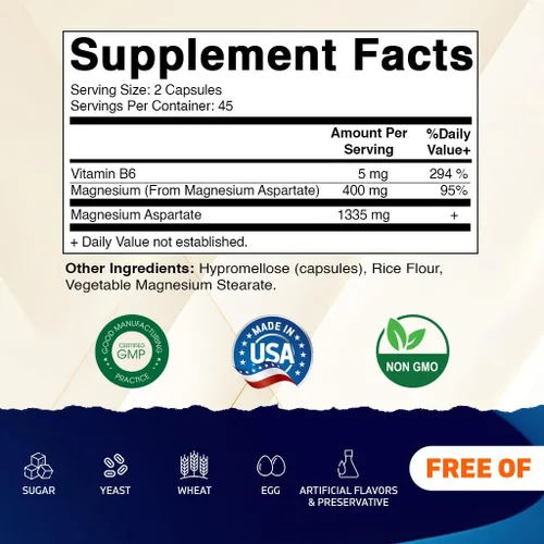 Vista 2 de Vitamatic Aspartato de magnesio 400 mg por porción - 90 cápsulas vegetarianas - B6 añadido para una máxima absorción - Apoya la salud muscular