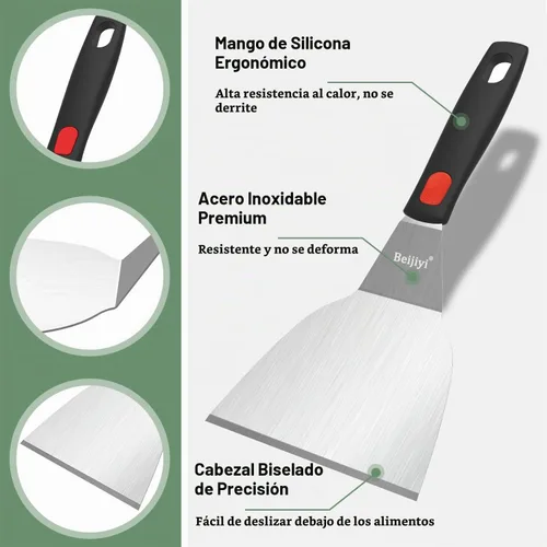 Vista 4 de Conjunto de Espátulas de Acero Inoxidable Beijiyi, Espátula Metálica Pequeña y Resistente para Cocinar Sartén de Hierro Fundido con Mango