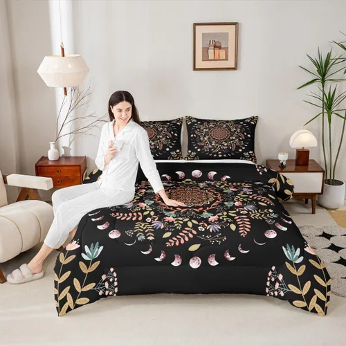 Vista 24 de Juego de edredón de champiñones para niños, tamaño individual, juego de ropa de cama romántica con sol, luna, cielo estrellado y galaxia, decoración