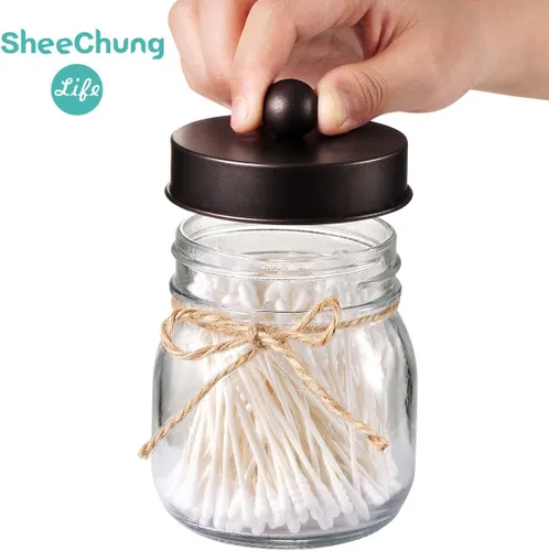 Vista 2 de SheeChung Tarros pequeños con tapas, juego de soportes Qtip, tarros de baño, organizadores de baño y almacenamiento para Q-tips, algodón, hilo